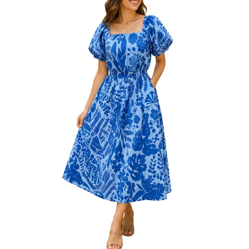 Vintage Ruth Clarage Made in Jamaica Hand Printed Blue Tropical Midi Dress 10
